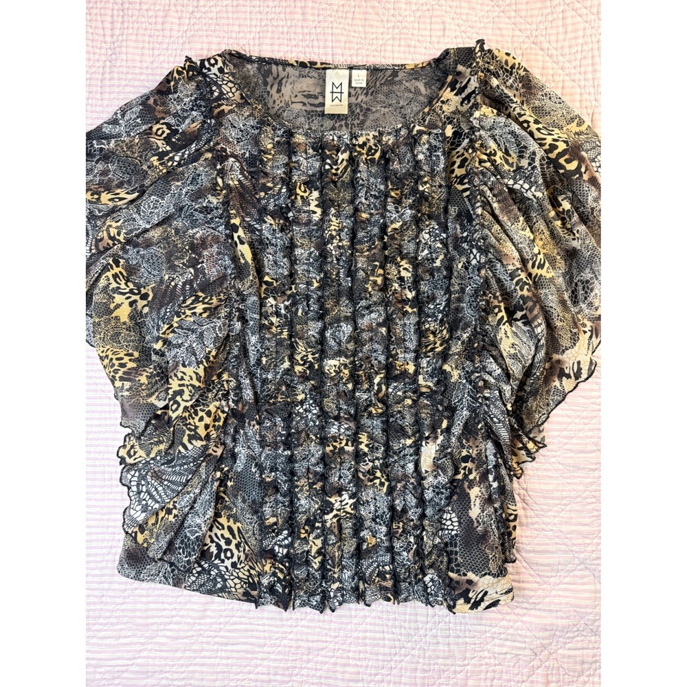 Marc Bouwer Womens Animal‎ Print Ruffle Front Flutter Top L Mobwife Y2K